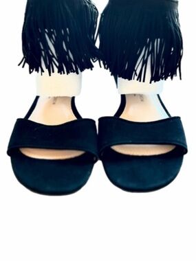 J. Crew Paul Andrew Fringe Black Suede Size 6 Ankle Sandals EUC